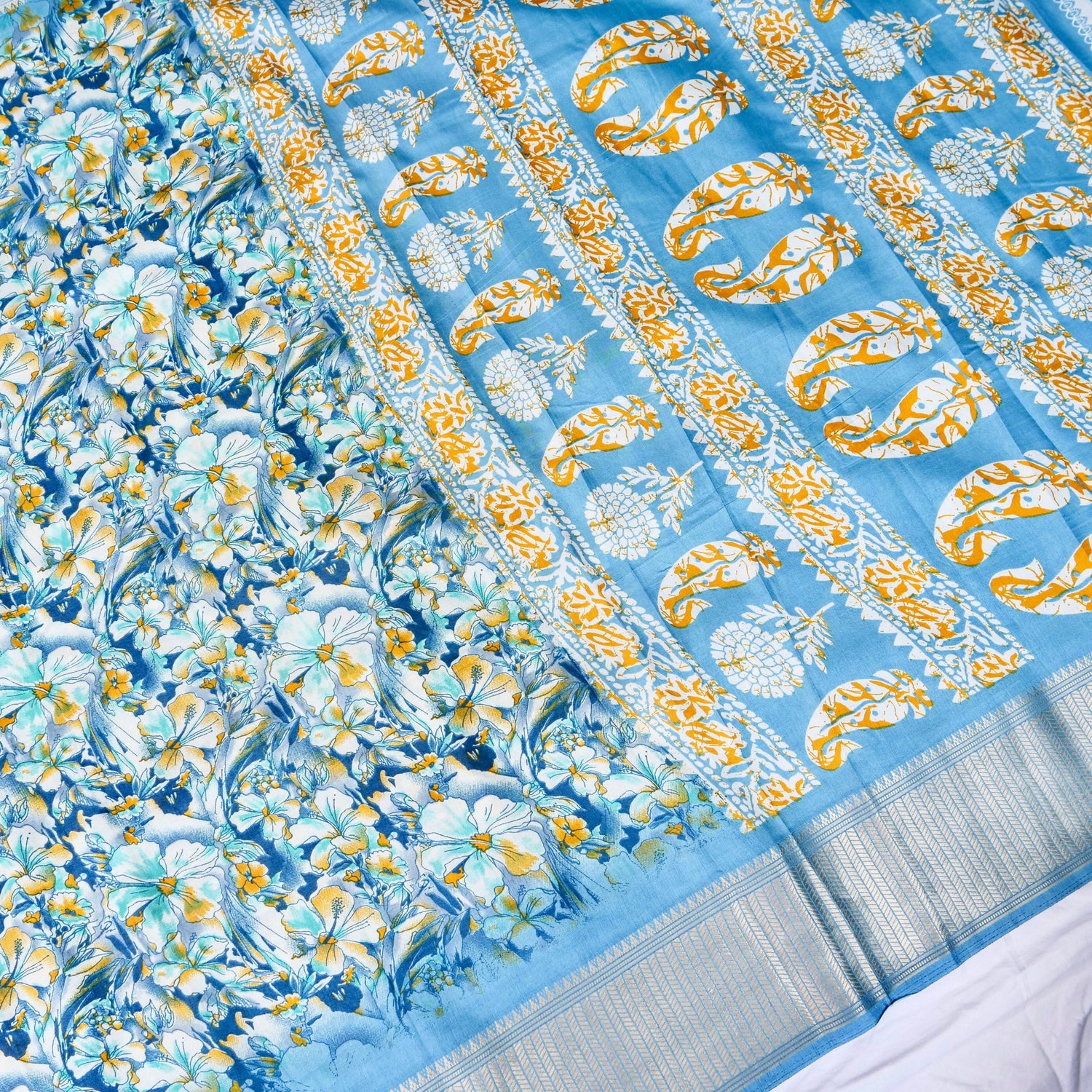 Blue Tussar Silk Floral Digital Print Banarasi Saree