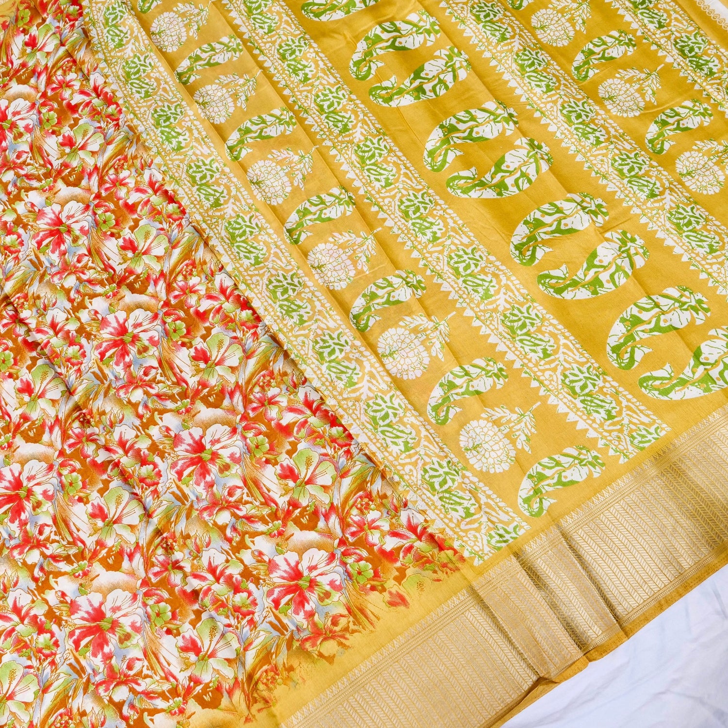 Yellow Tussar Silk Floral Digital Print Banarasi Saree