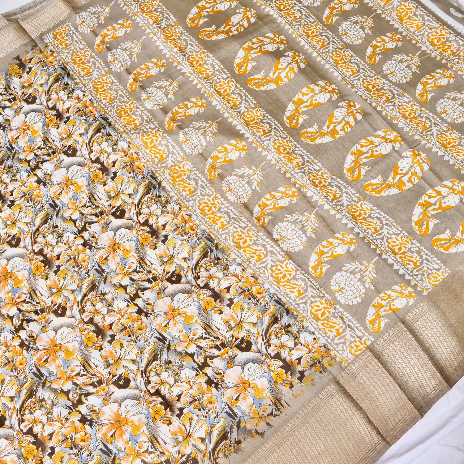 Beige Tussar Silk Floral Digital Print Banarasi Saree