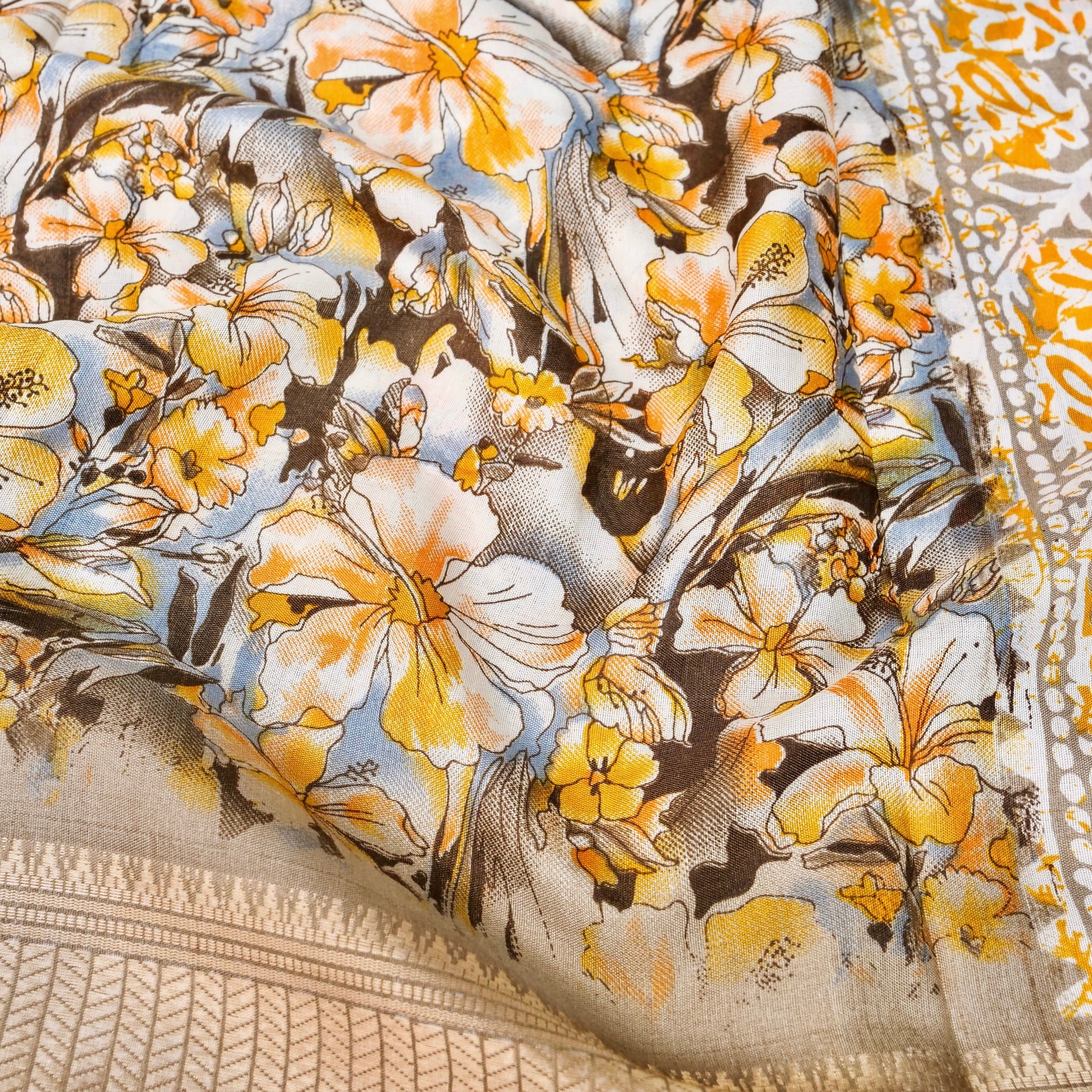 Beige Tussar Silk Floral Digital Print Banarasi Saree