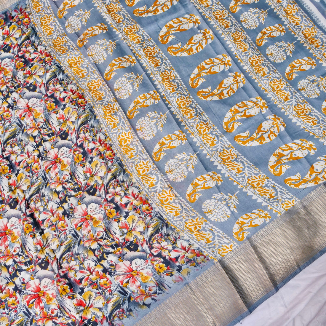 Grey Tussar Silk Floral Digital Print Banarasi Saree