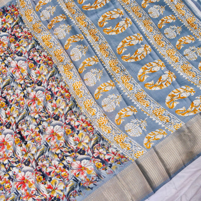 Grey Tussar Silk Floral Digital Print Banarasi Saree