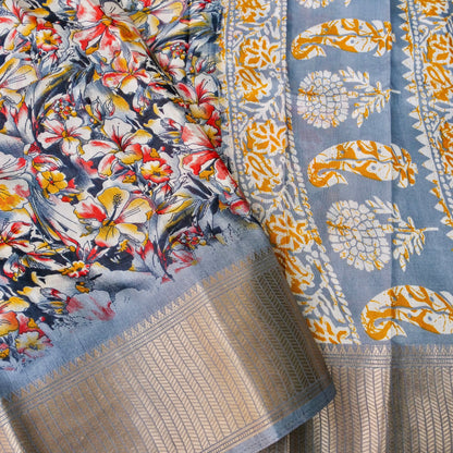 Grey Tussar Silk Floral Digital Print Banarasi Saree