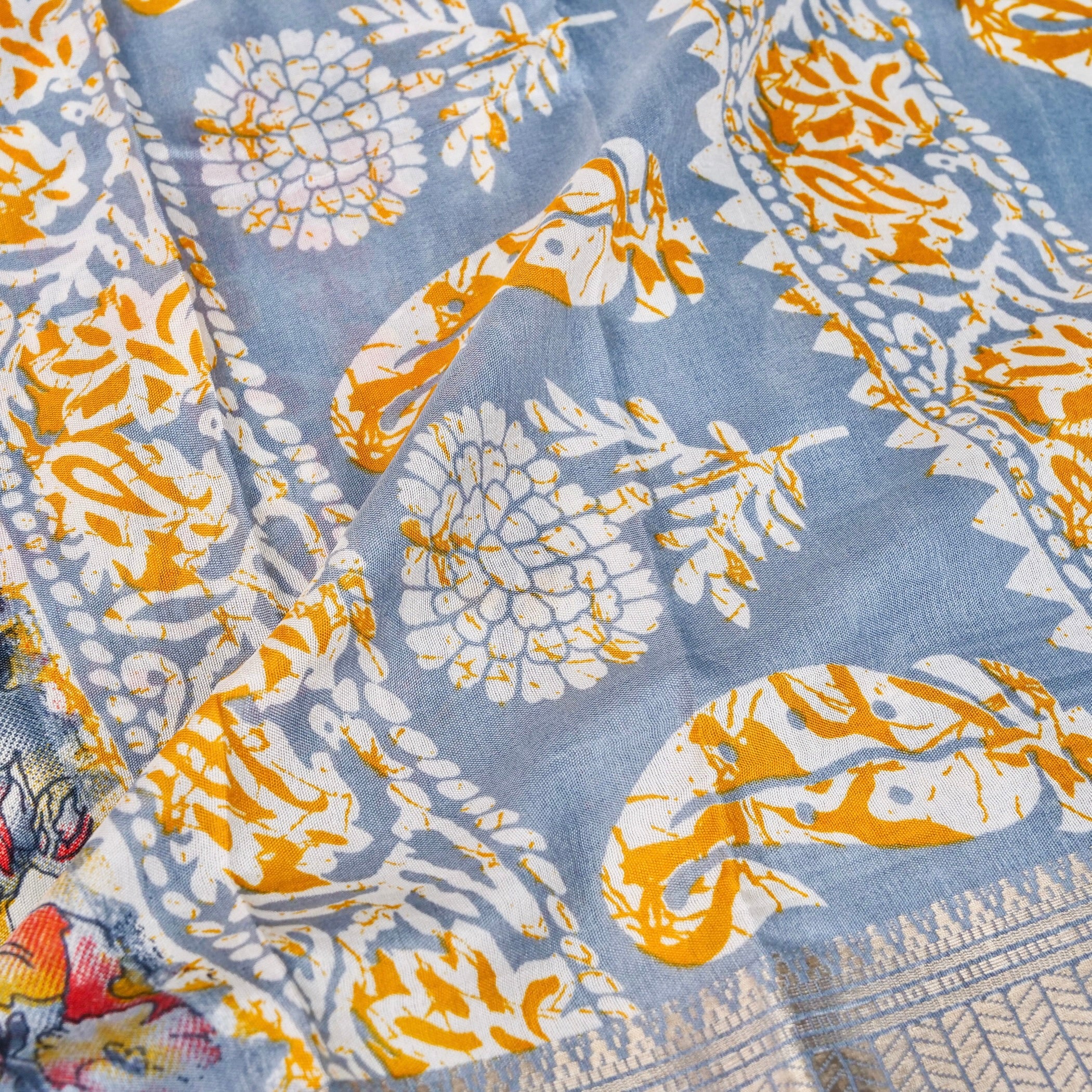 Grey Tussar Silk Floral Digital Print Banarasi Saree