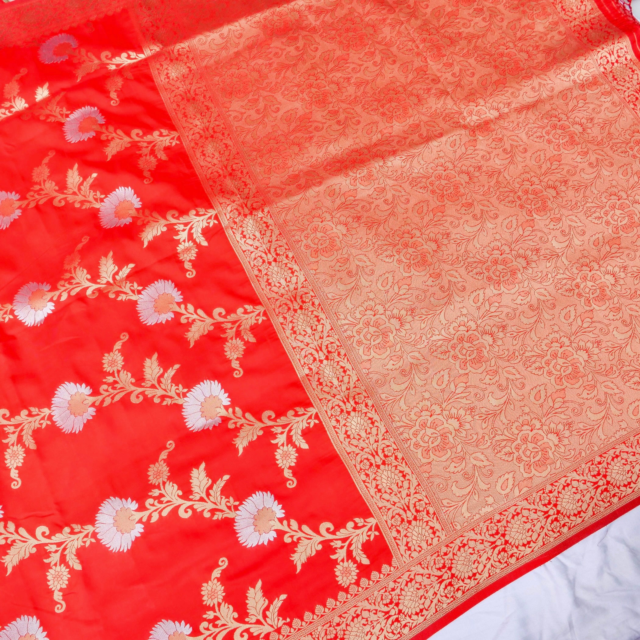Red Banarasi Silk Saree with Zari Floral Jaal
