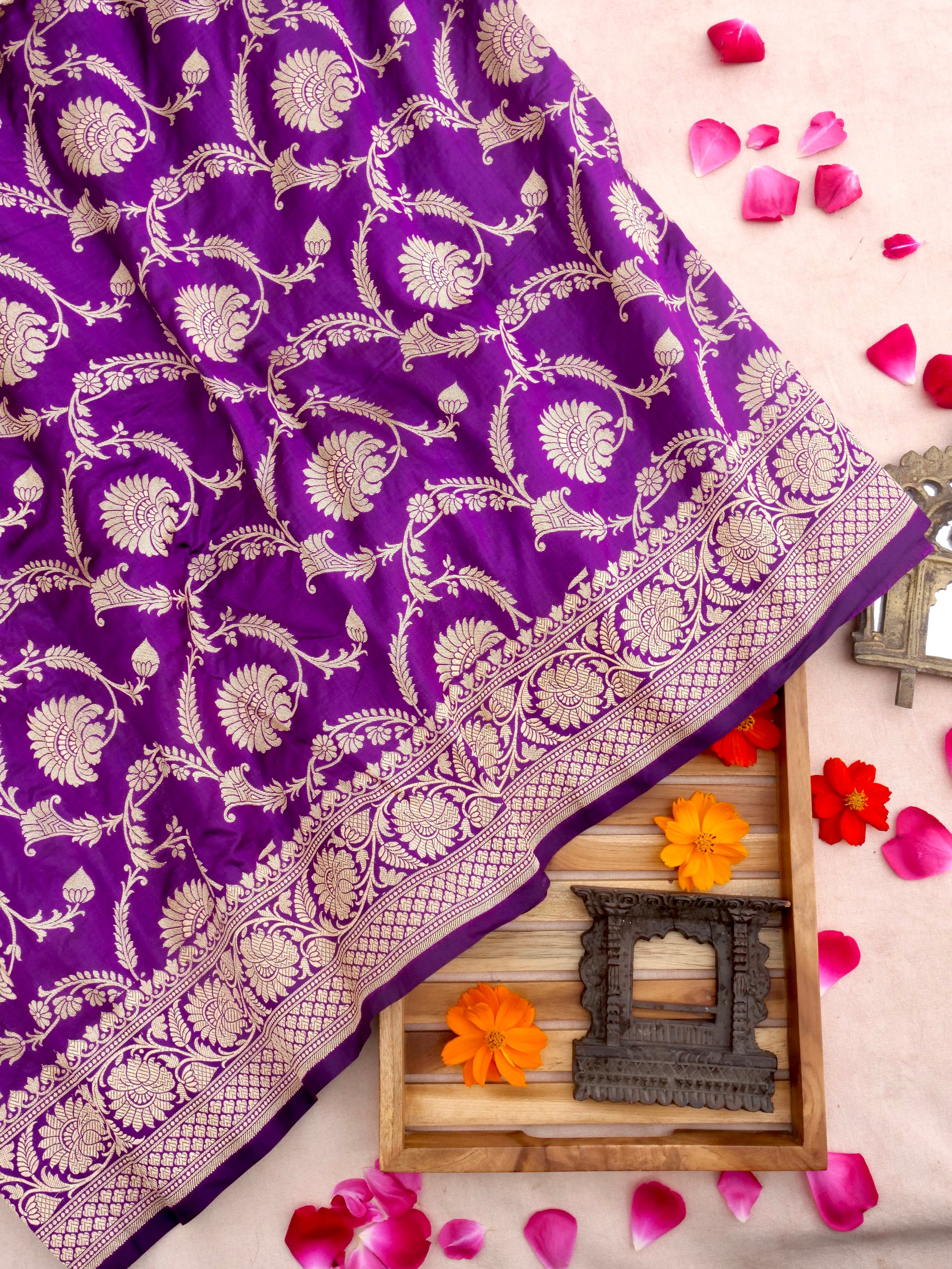 Purple Handwoven Kataan Silk Jangla Banarasi Saree