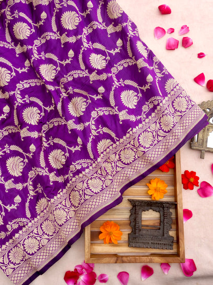 Purple Handwoven Kataan Silk Jangla Banarasi Saree