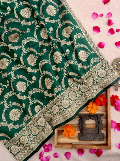 Green Handwoven Kataan Silk Jangla Banarasi Saree