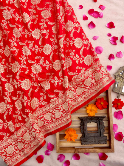 Red Handwoven Kataan Silk Jangla Banarasi Saree
