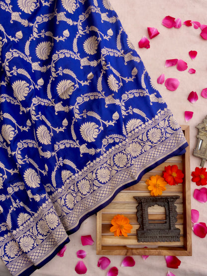Blue Handwoven Kataan Silk Jangla Banarasi Saree