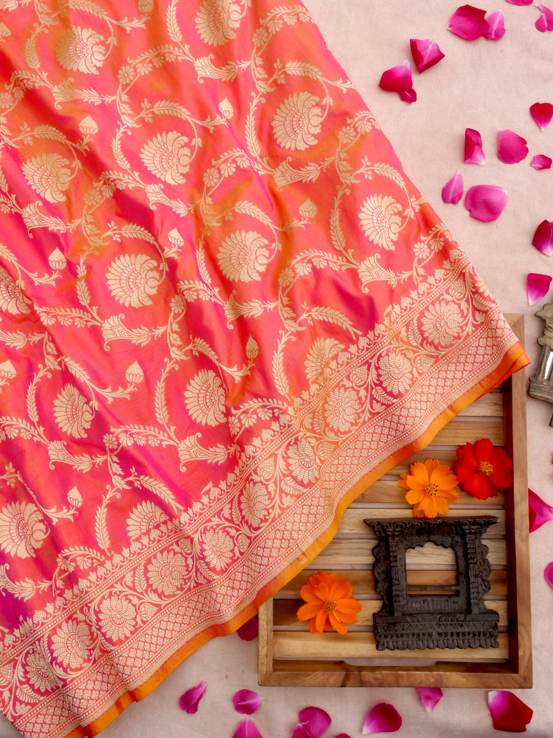 Pink Handwoven Kataan Silk Jangla Banarasi Saree