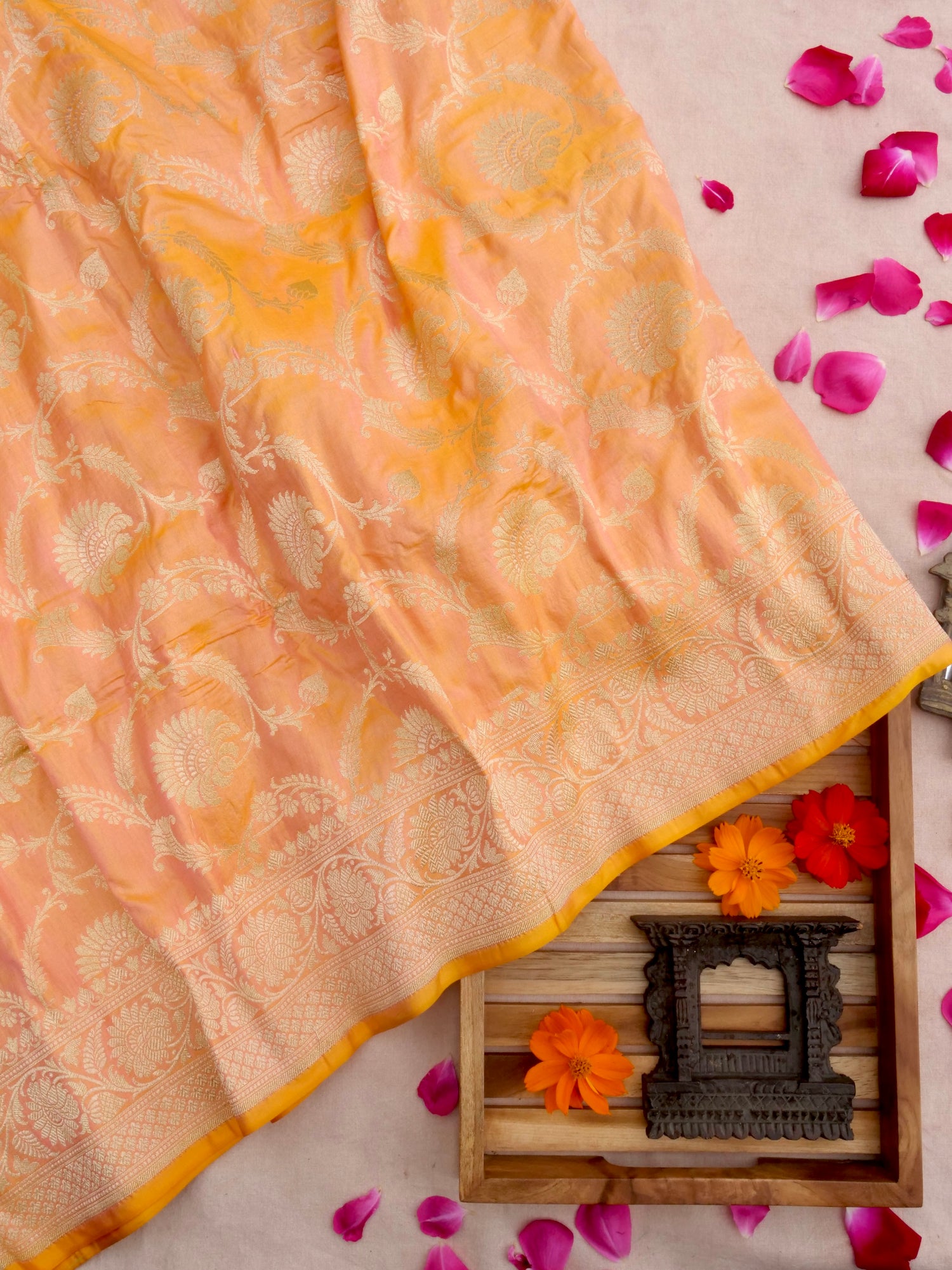 Peach  Handwoven Pure Kataan Silk Jangla Banarasi Saree
