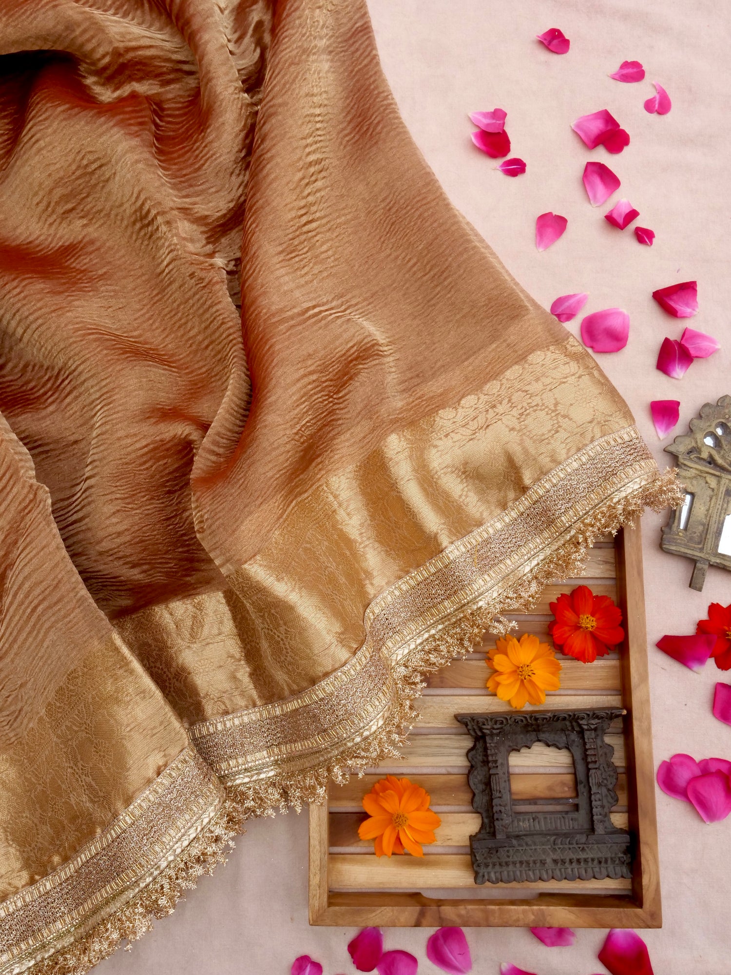 Copper Gold Pure Crush Tissue Silk Banarasi Saree with Embellished Border