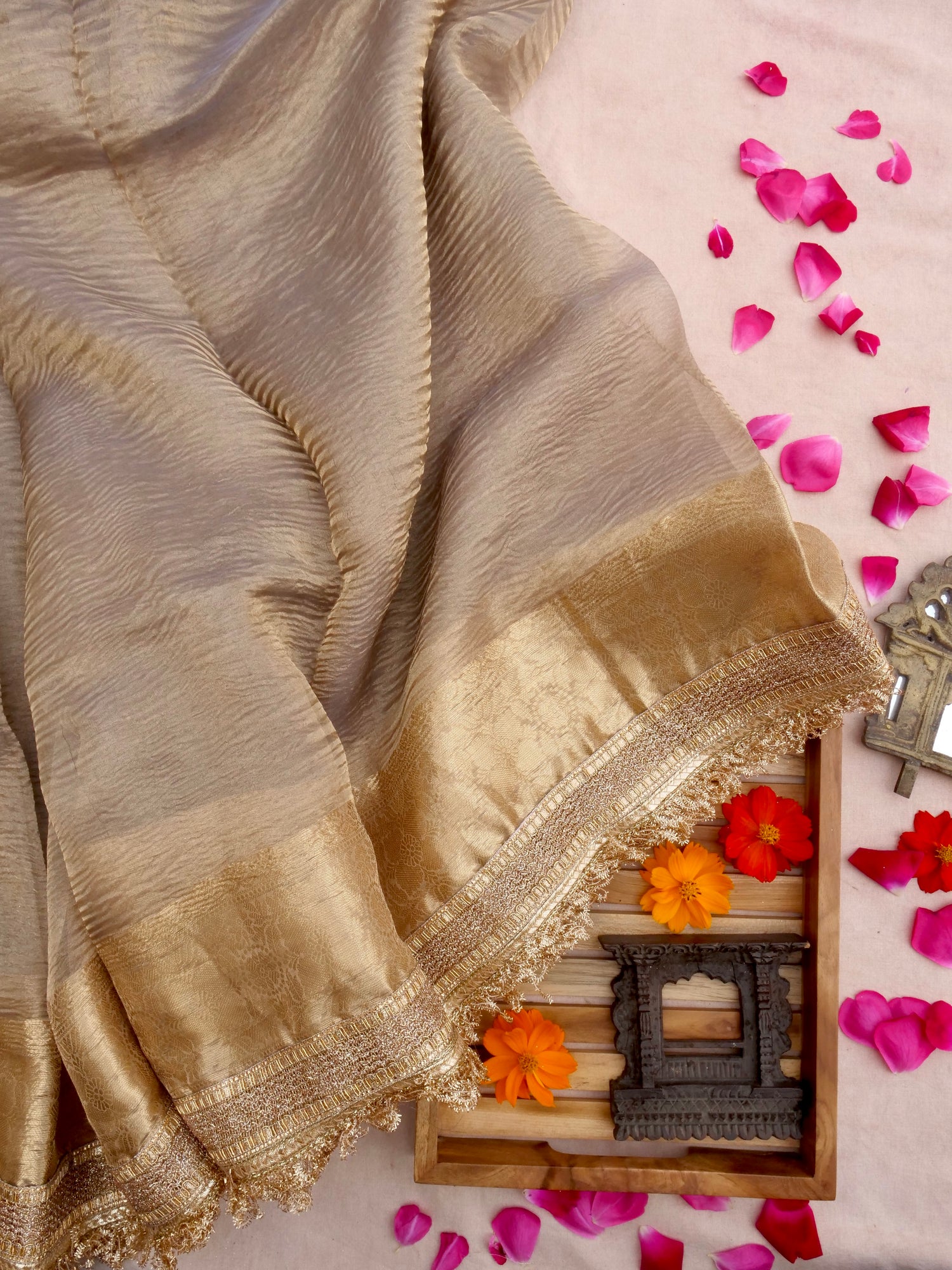 Grey Gold Pure Crush Tissue Silk Banarasi Saree with Embellished Border
