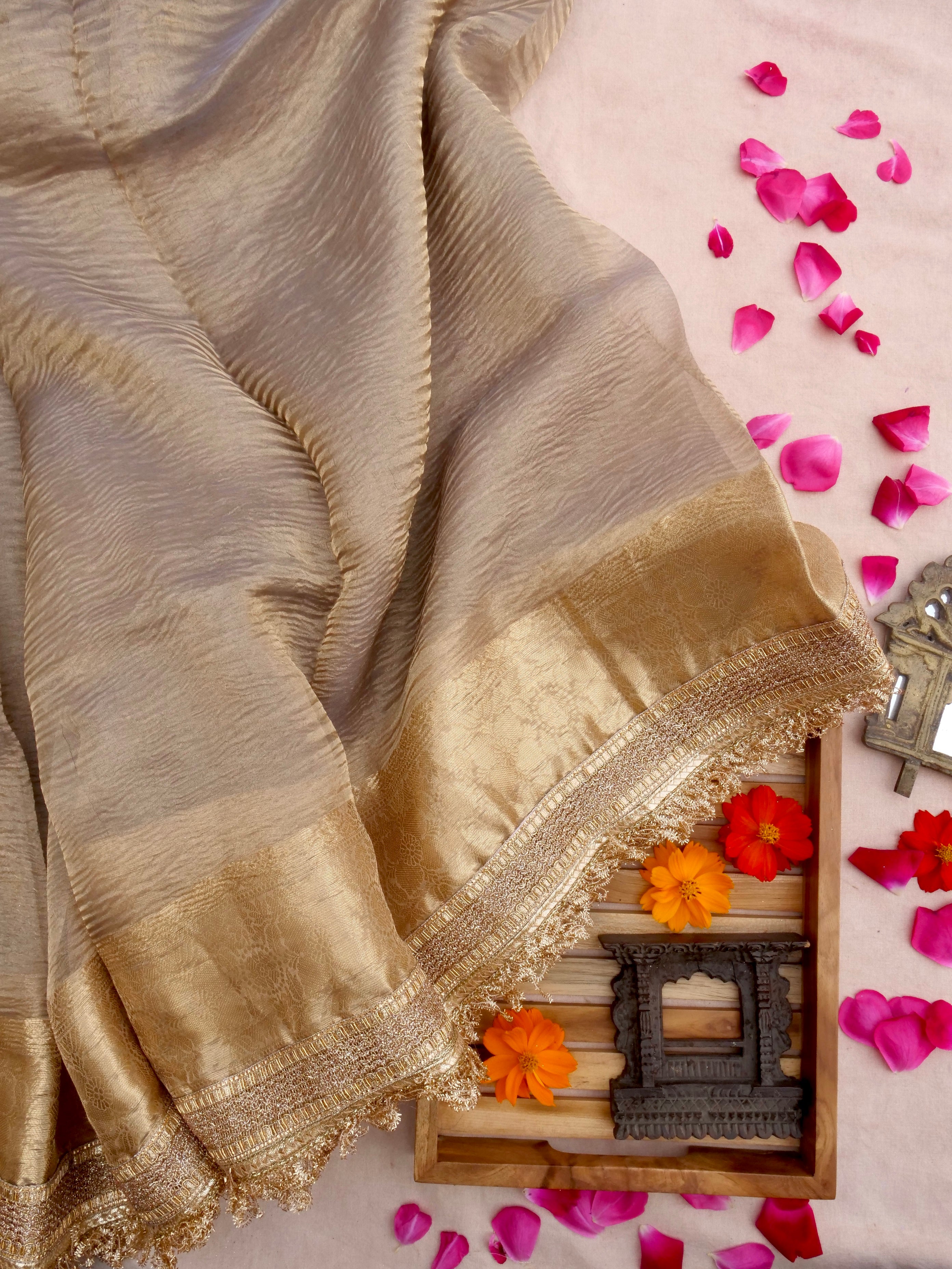 Grey Gold Pure Crush Tissue Silk Banarasi Saree with Embellished Border
