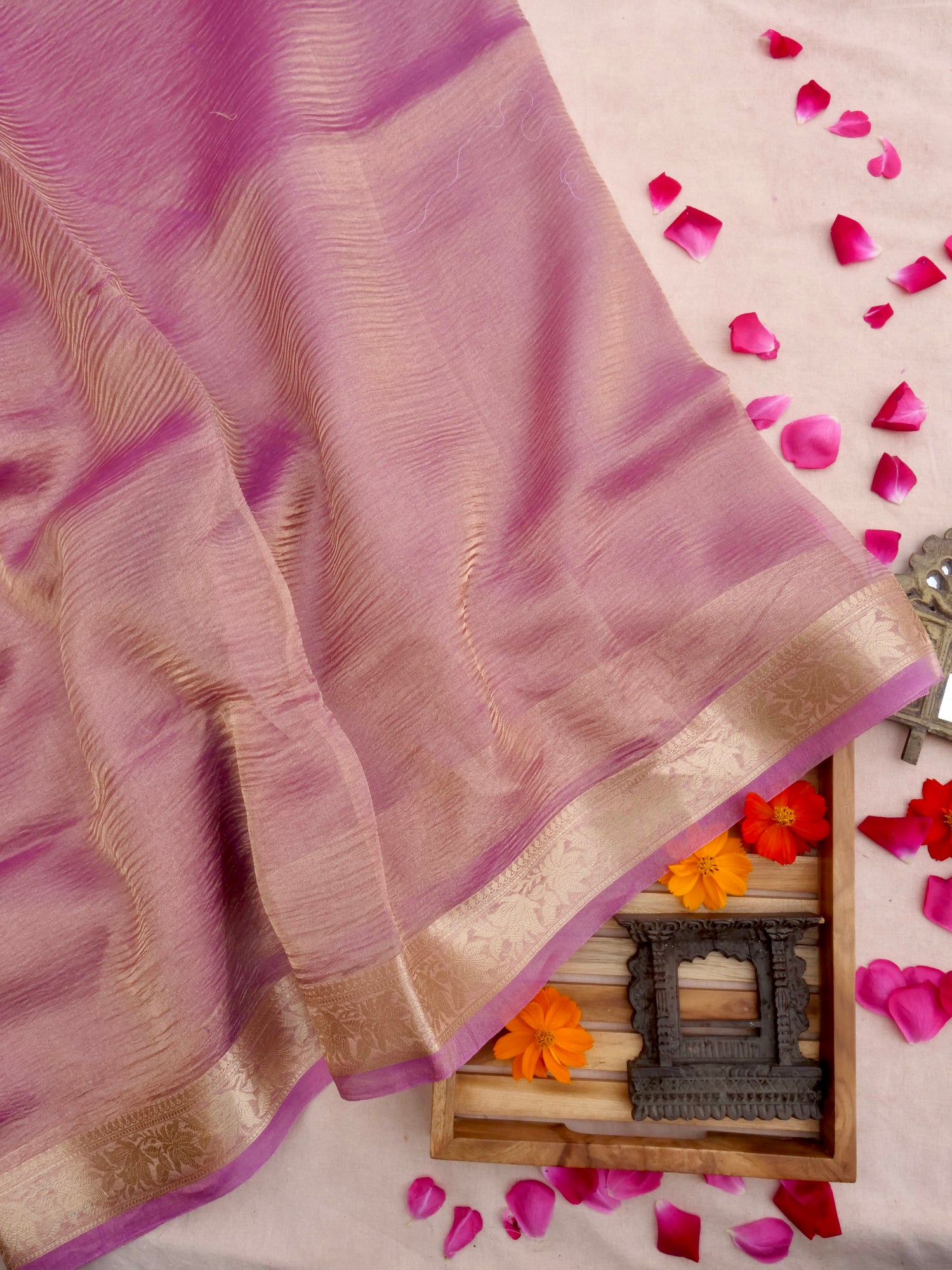 Onion Pink Pure Crush Tissue Silk Banarasi Saree with Embellished Border