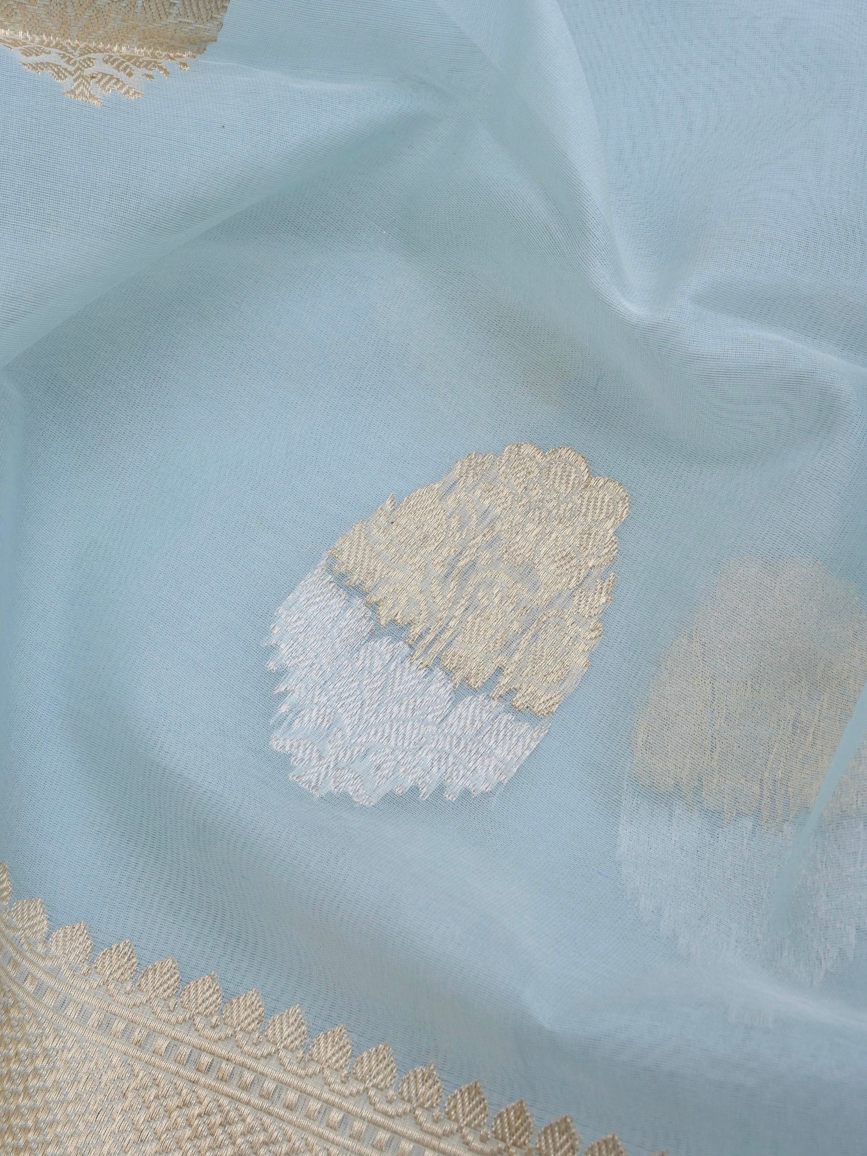 Light Blue Handloom Organza Kadhua Buti Banarasi Silk Saree