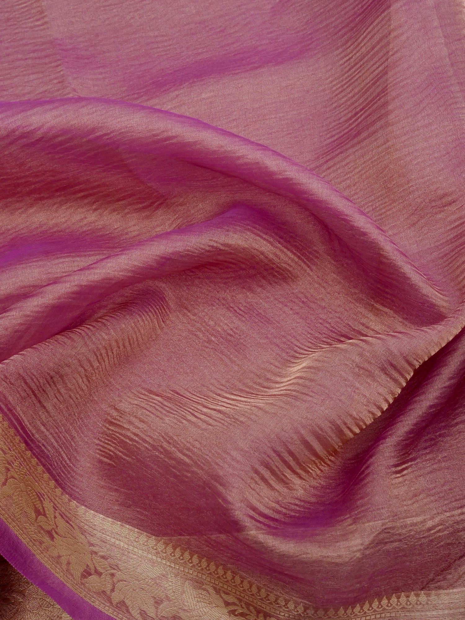Onion Pink Pure Crush Tissue Silk Banarasi Saree with Embellished Border