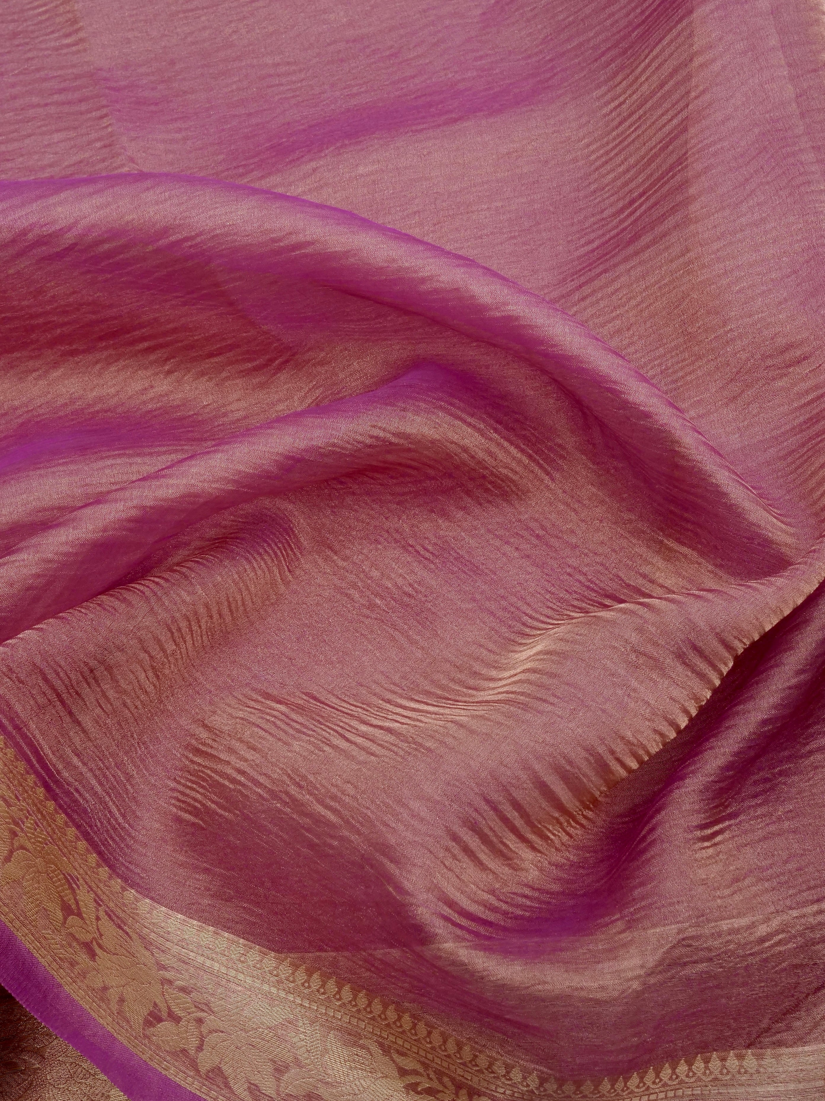 Onion Pink Pure Crush Tissue Silk Banarasi Saree with Embellished Border