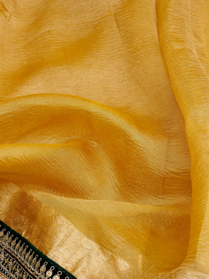 Yellow Gold Pure Crush Tissue Silk Banarasi Saree with Embellished Border