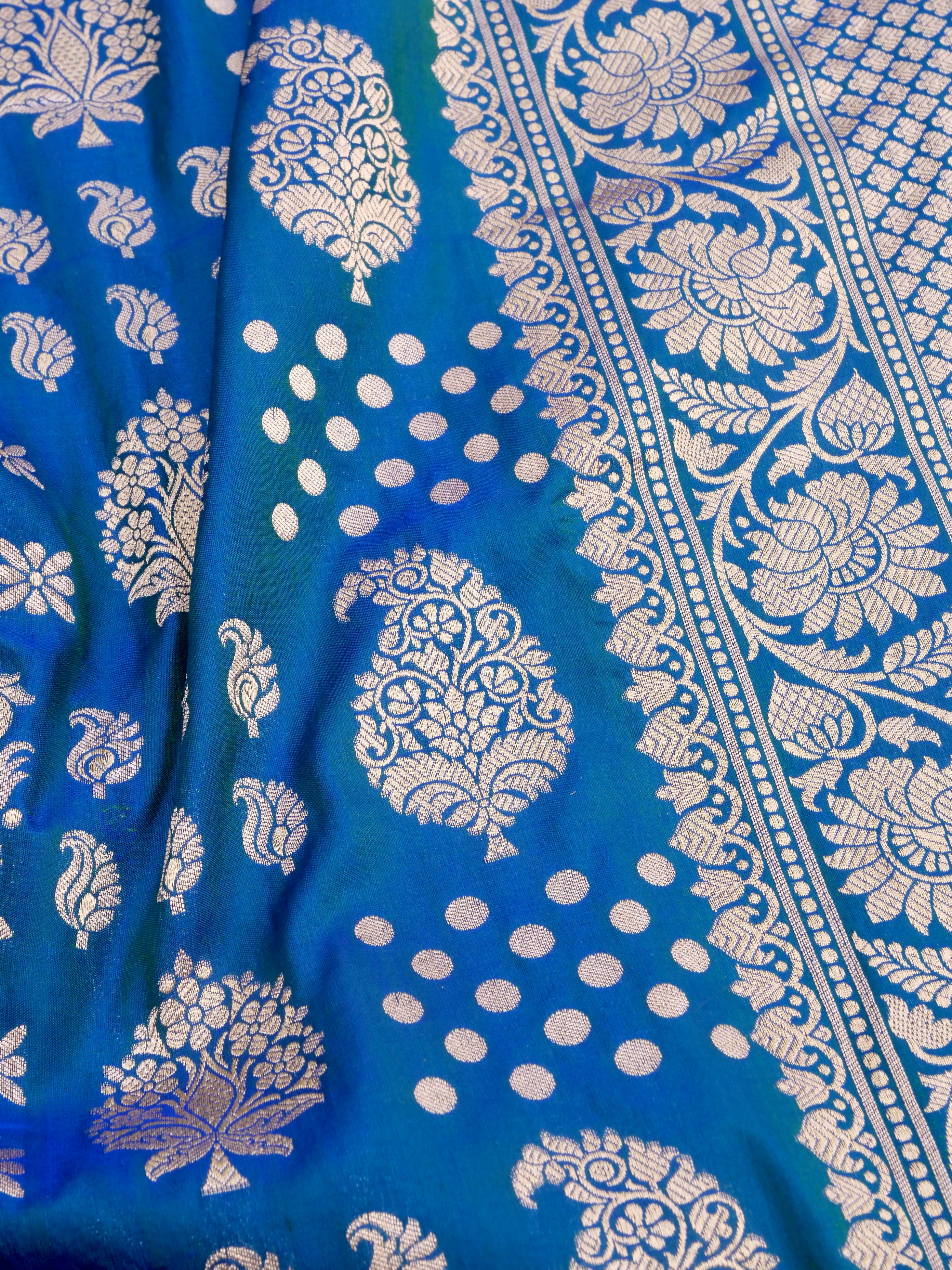 Blue Handwoven Kataan Silk Buti Banarasi Saree