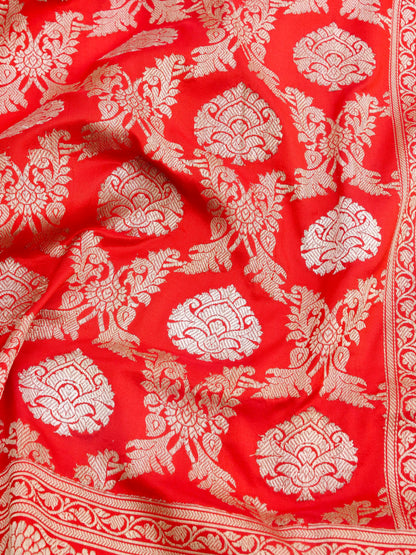 Red Handwoven Pure Kataan Silk Kadhua Jaal Benarasi Saree