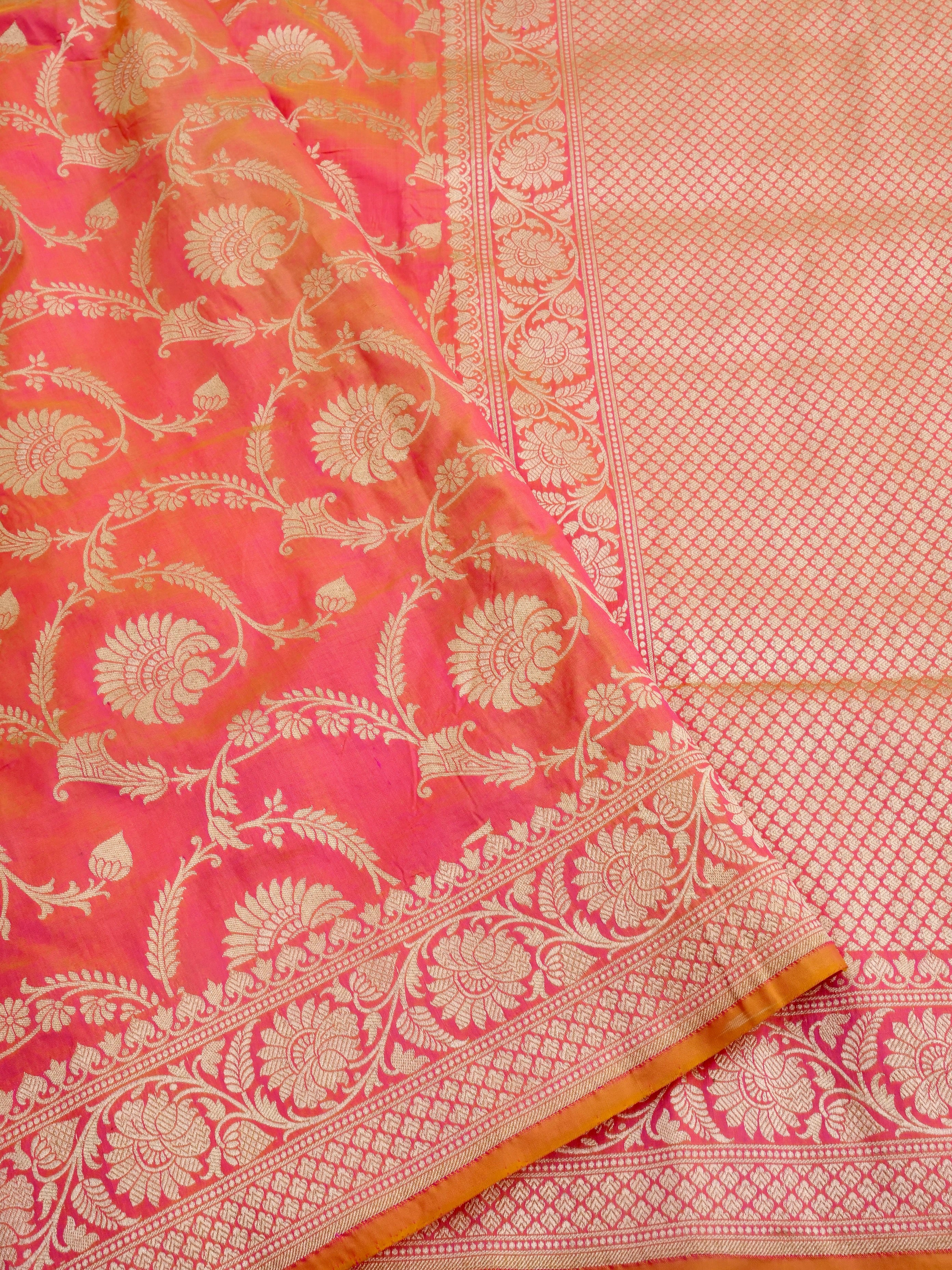 Pink Handwoven Kataan Silk Jangla Banarasi Saree