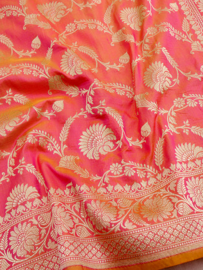 Pink Handwoven Kataan Silk Jangla Banarasi Saree
