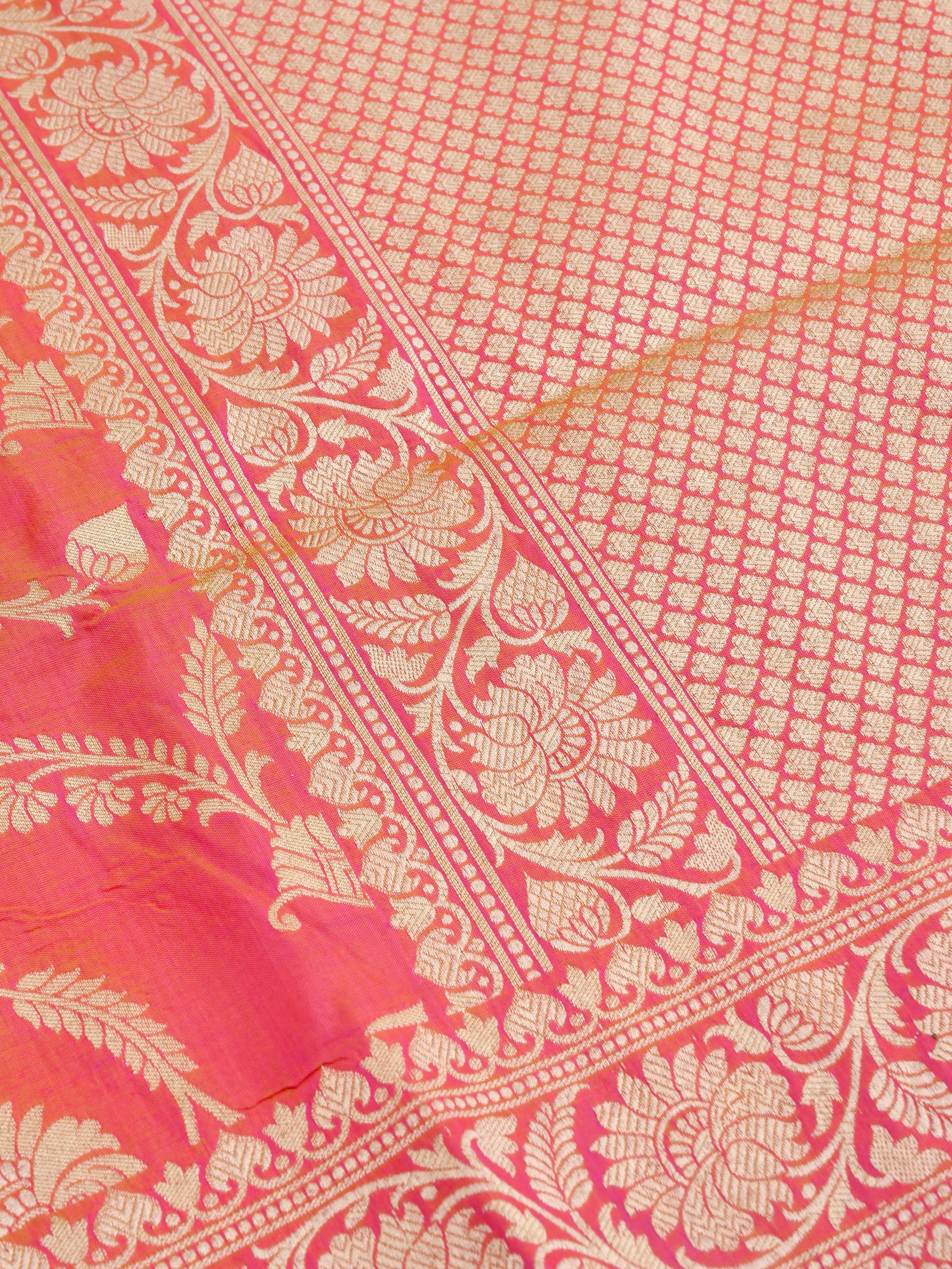 Pink Handwoven Kataan Silk Jangla Banarasi Saree