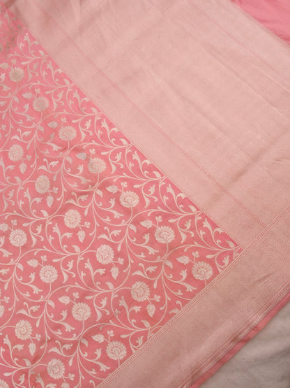 Peach-Pink Handwoven Kataan Silk Jangla Banarasi Saree
