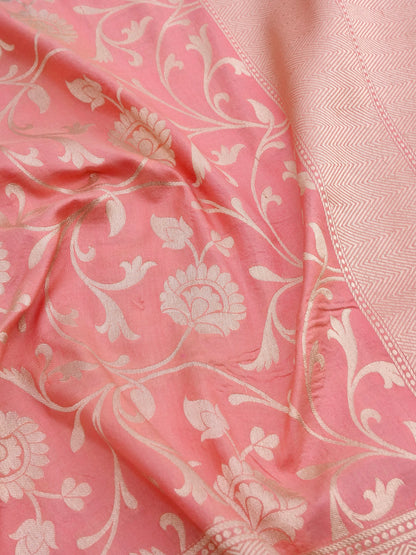 Peach-Pink Handwoven Kataan Silk Jangla Banarasi Saree