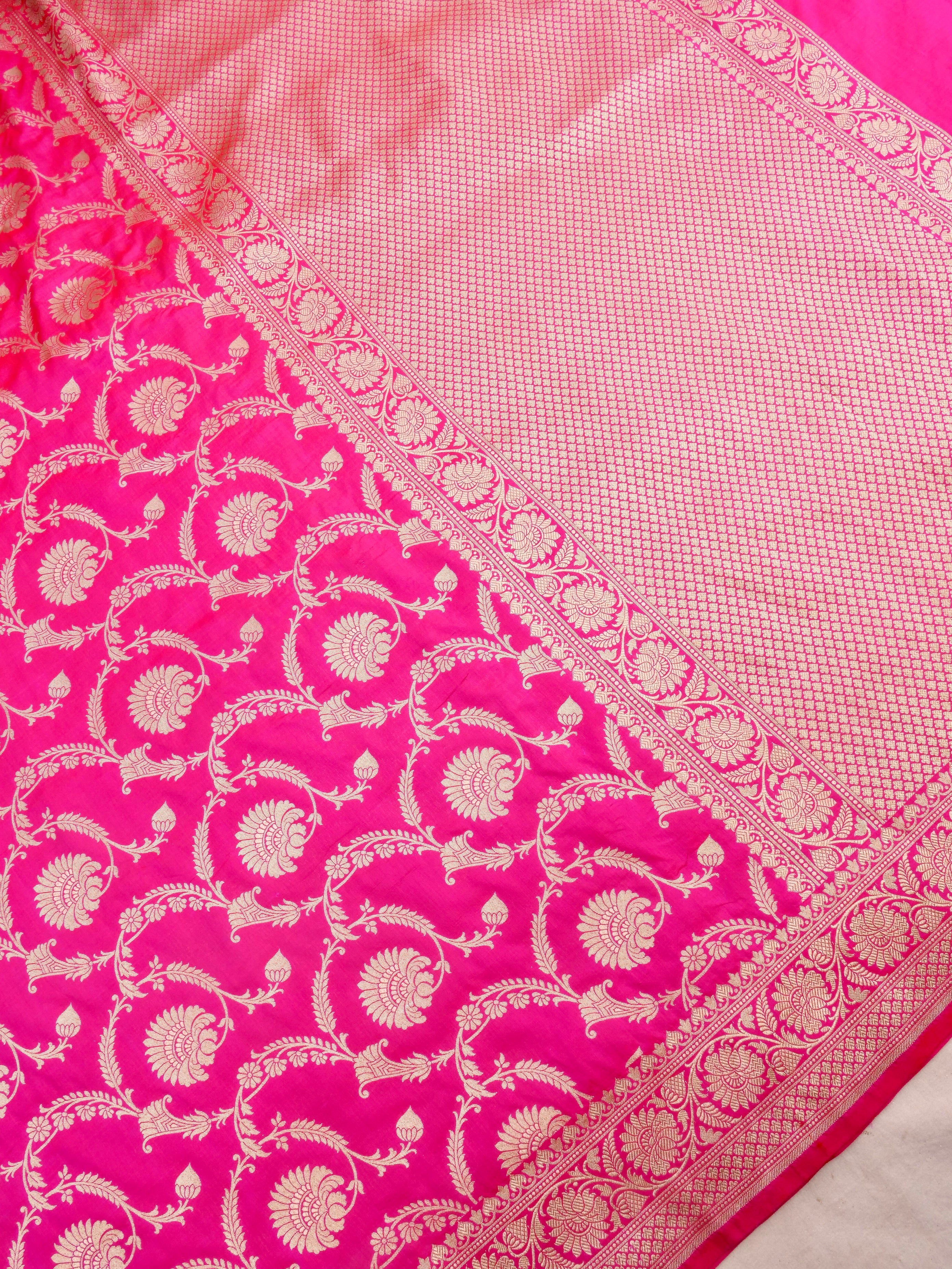 Pink Handwoven Kataan Silk Jangla Banarasi Saree