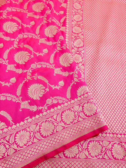 Pink Handwoven Kataan Silk Jangla Banarasi Saree
