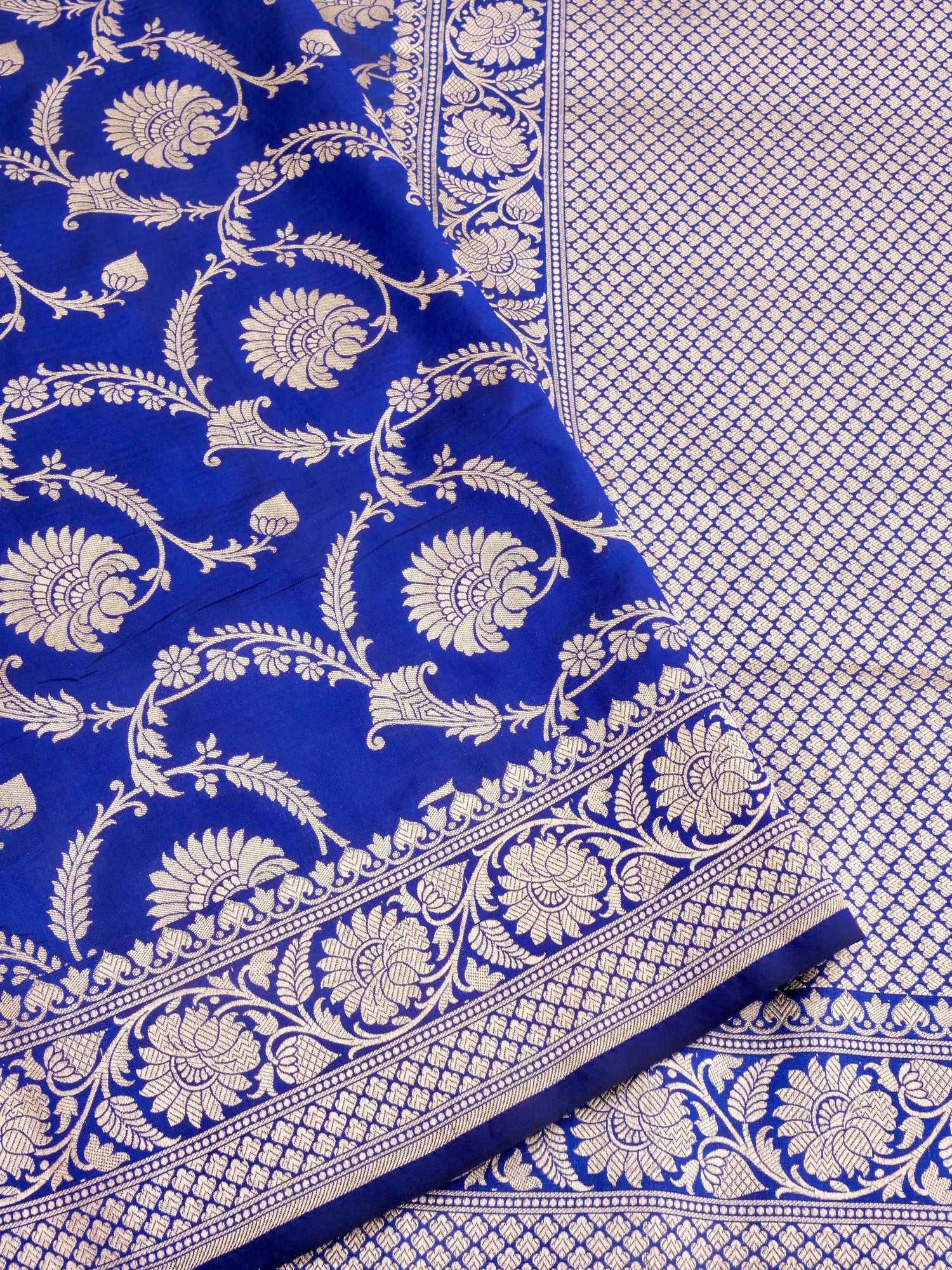 Blue Handwoven Kataan Silk Jangla Banarasi Saree