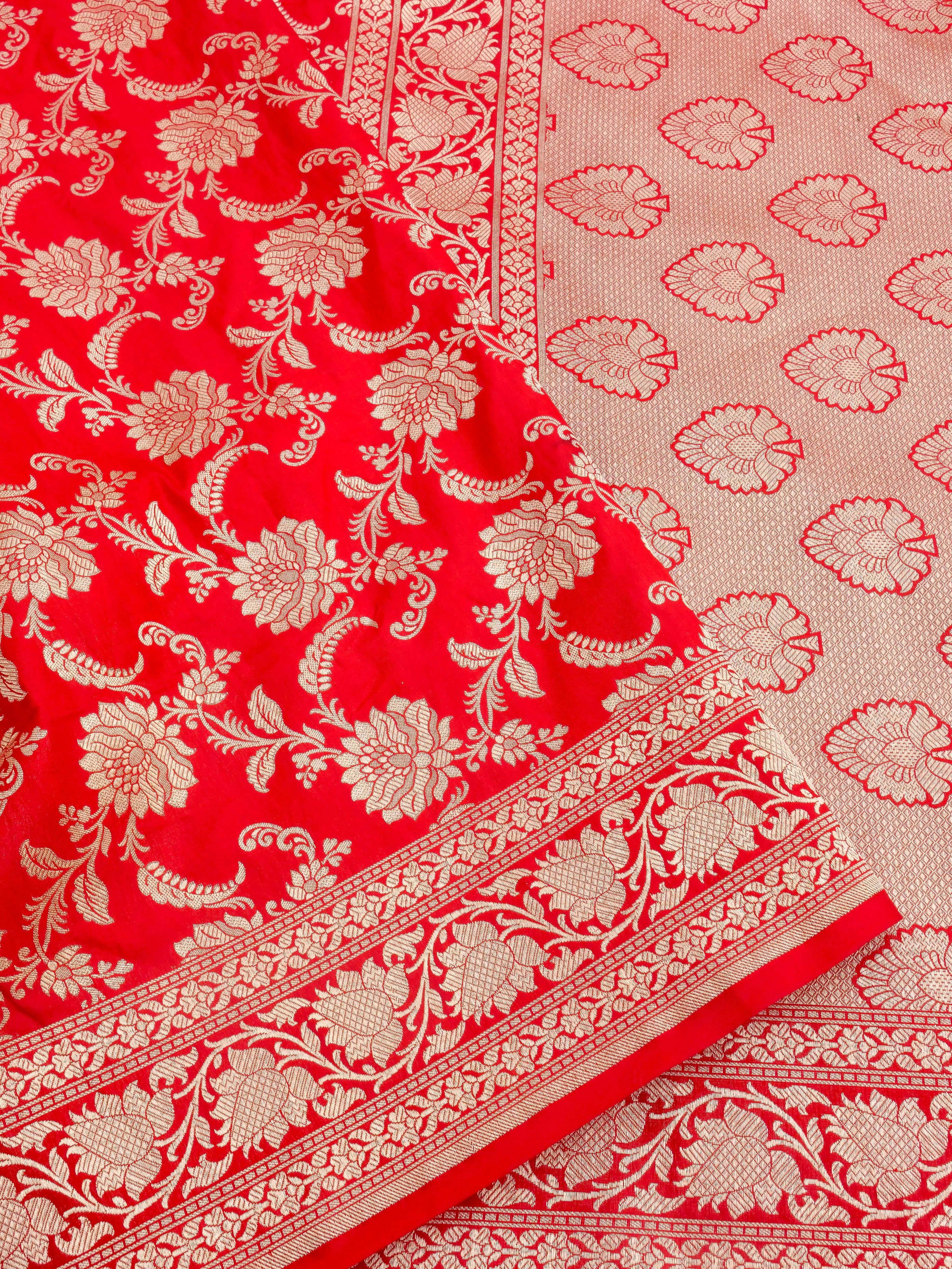 Red Handwoven Kataan Silk Jangla Banarasi Saree