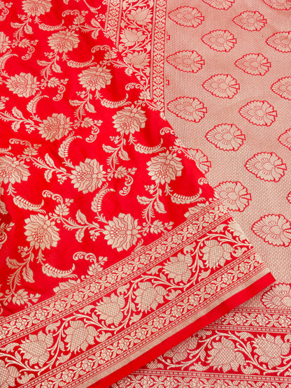 Red Handwoven Kataan Silk Jangla Banarasi Saree