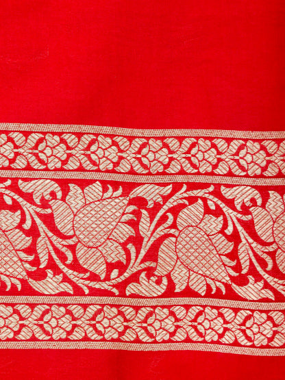 Red Handwoven Kataan Silk Jangla Banarasi Saree