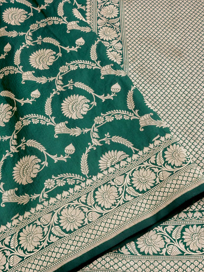 Green Handwoven Kataan Silk Jangla Banarasi Saree