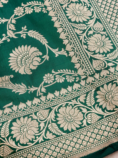 Green Handwoven Kataan Silk Jangla Banarasi Saree