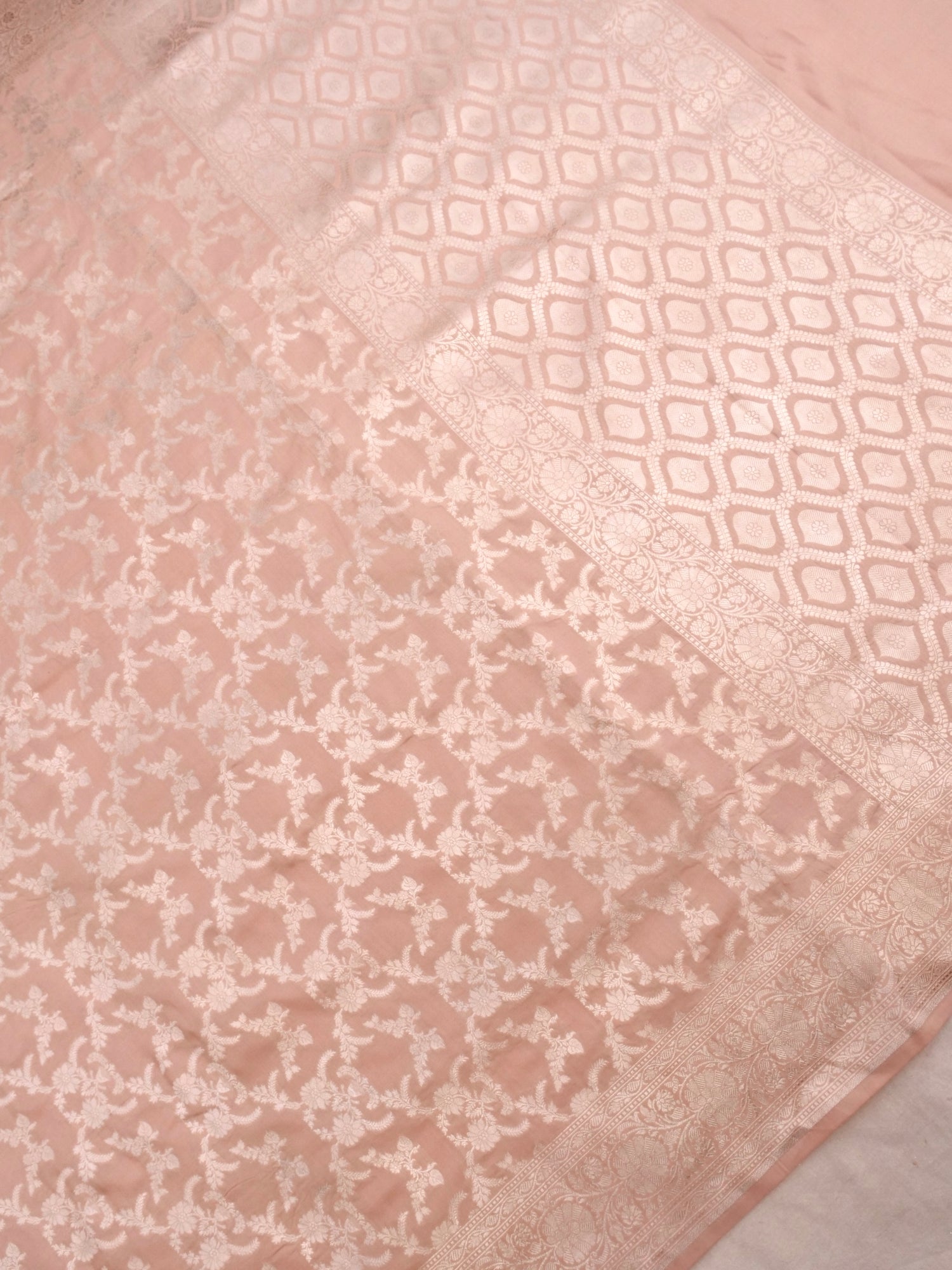 Peach Handwoven Kataan Silk Jangla Banarasi Saree