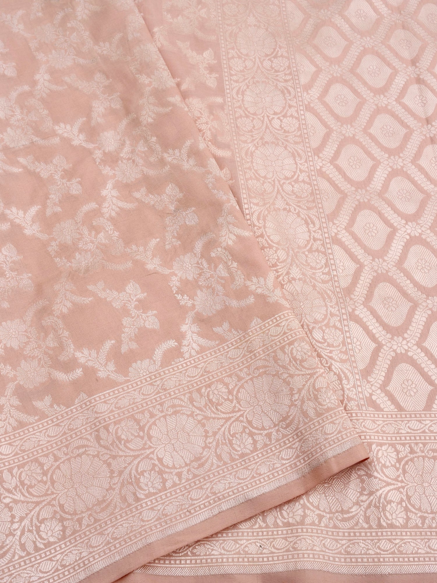 Peach Handwoven Kataan Silk Jangla Banarasi Saree