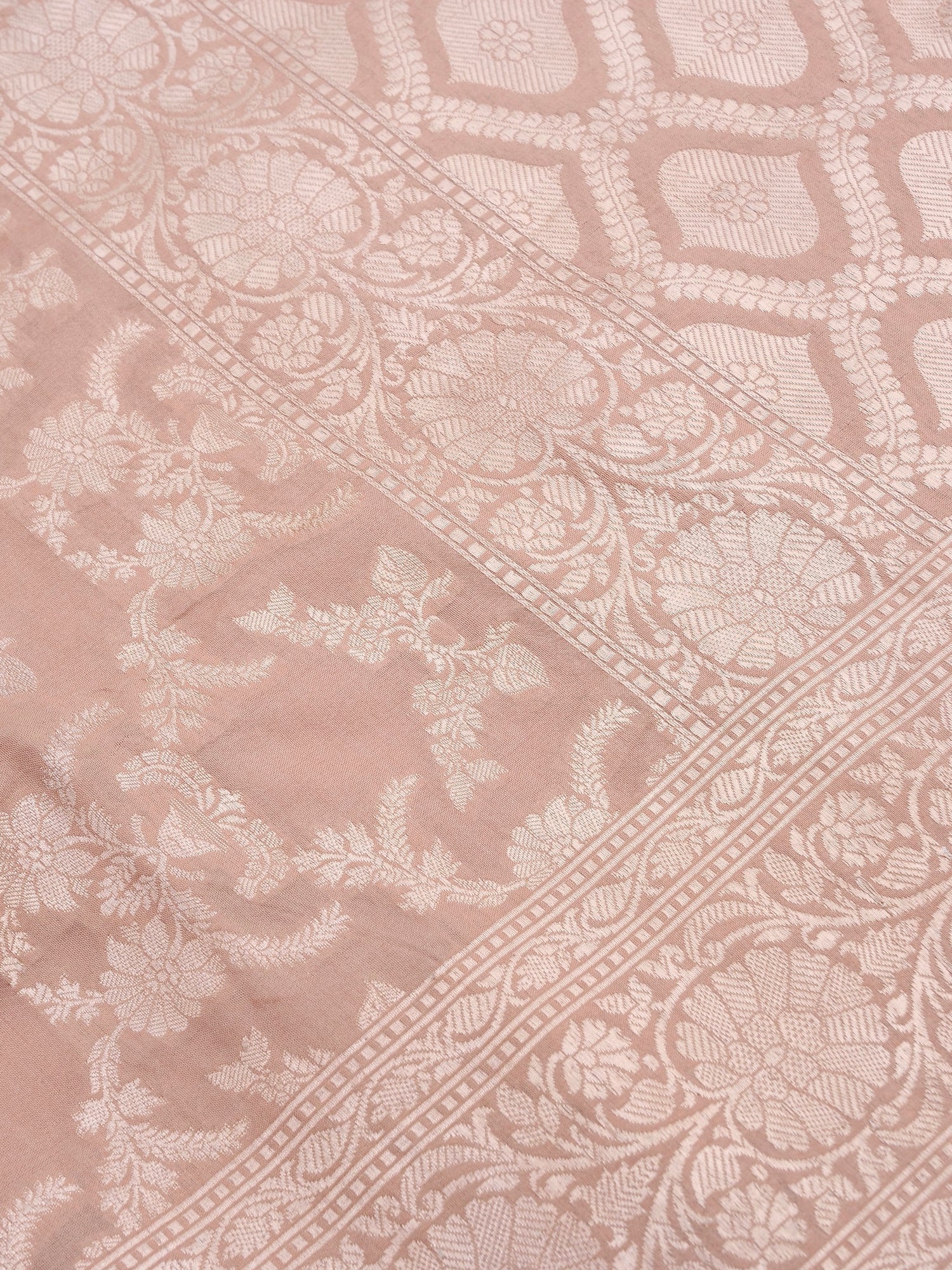 Peach Handwoven Kataan Silk Jangla Banarasi Saree