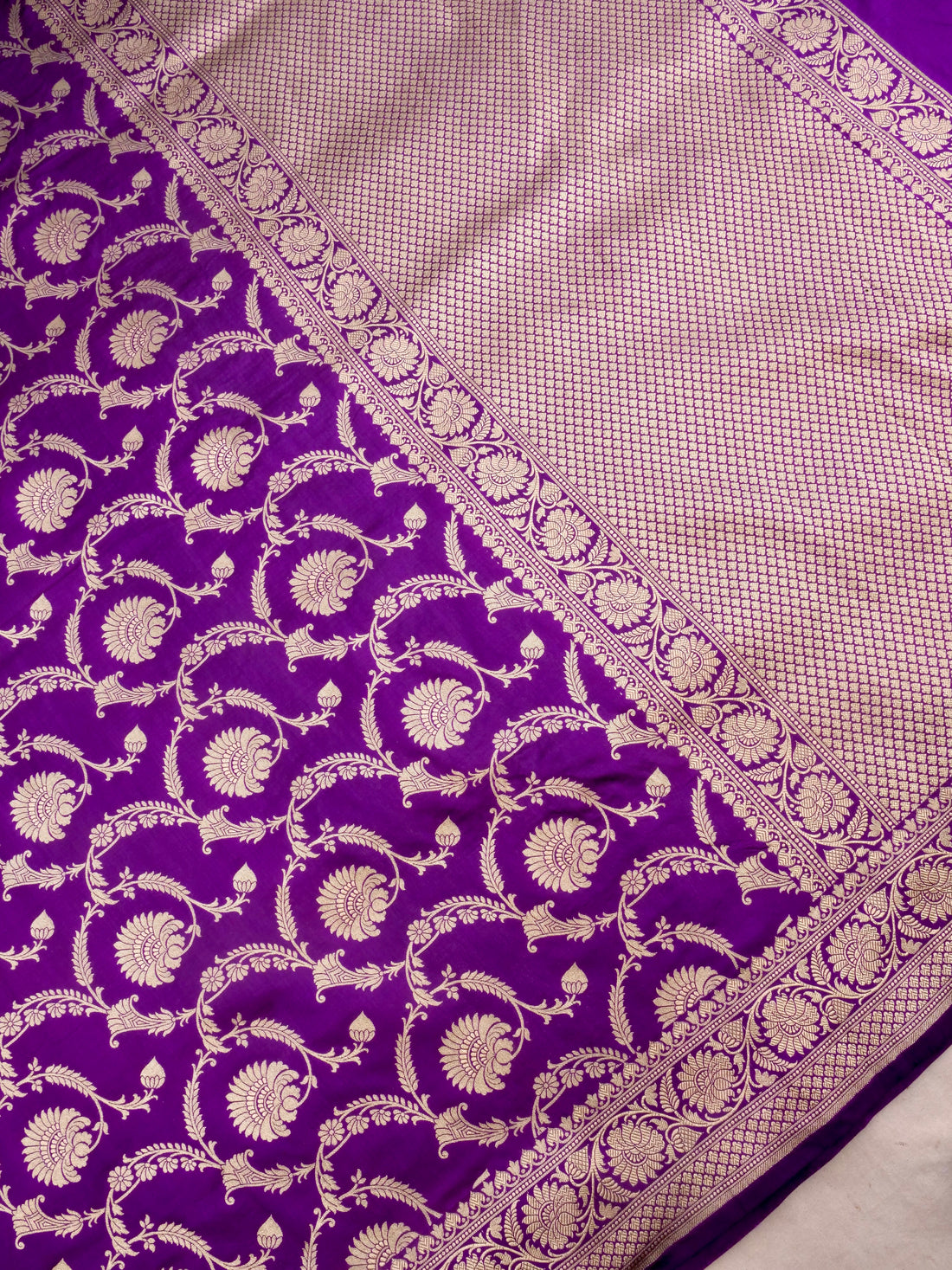 Purple Handwoven Kataan Silk Jangla Banarasi Saree