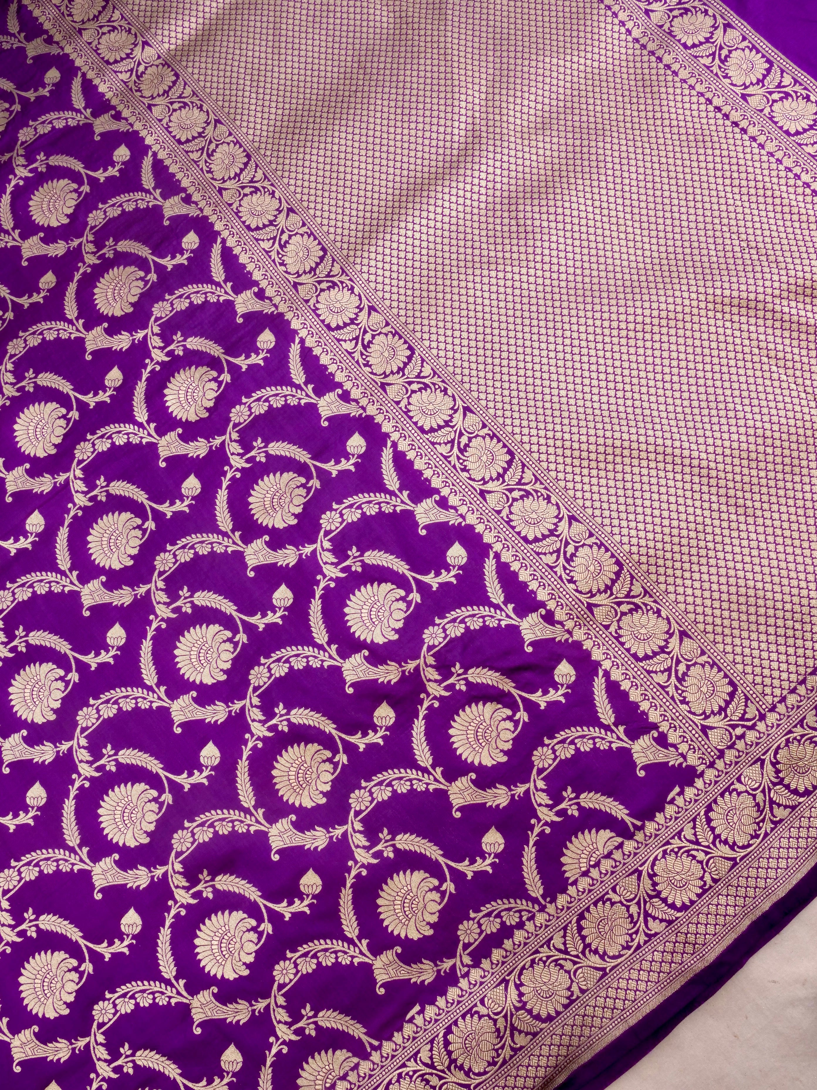 Purple Handwoven Kataan Silk Jangla Banarasi Saree
