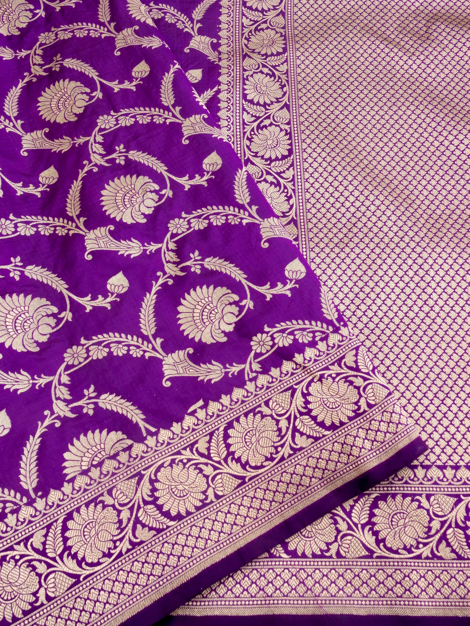 Purple Handwoven Kataan Silk Jangla Banarasi Saree
