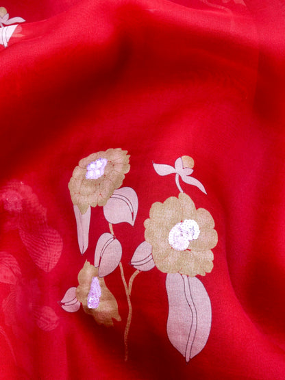 Red Pure Organza Saree with Hand Embroidry