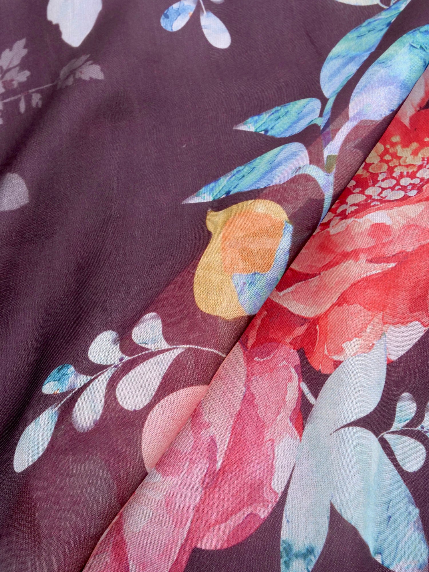 Wine Satin Organza Printed Half Half Saree