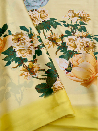 Digital Print Lemon Yellow Pure Silk Banarasi Saree