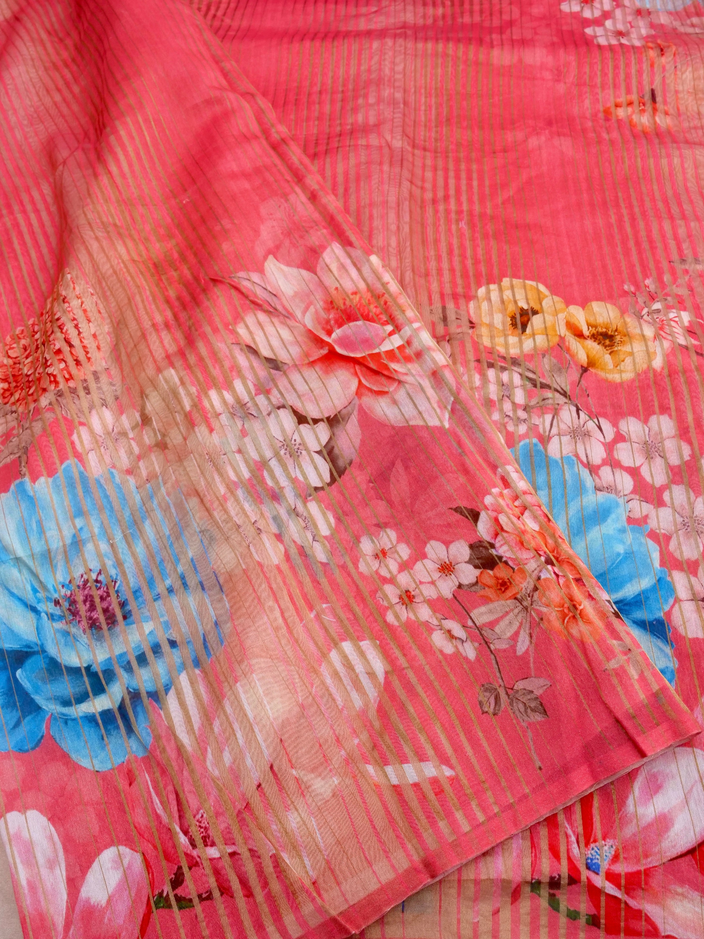 Pink Striped Tissue Chiniya Printed Saree