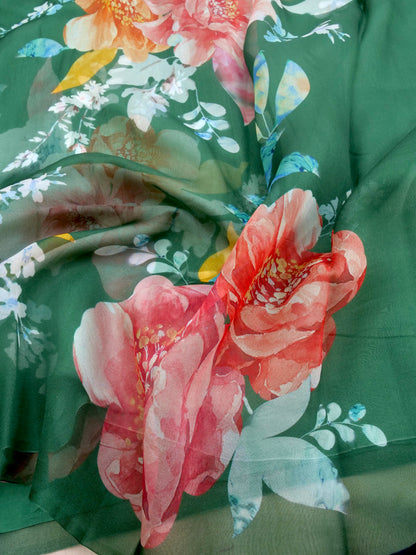 Green Satin Organza Printed Half Half Saree